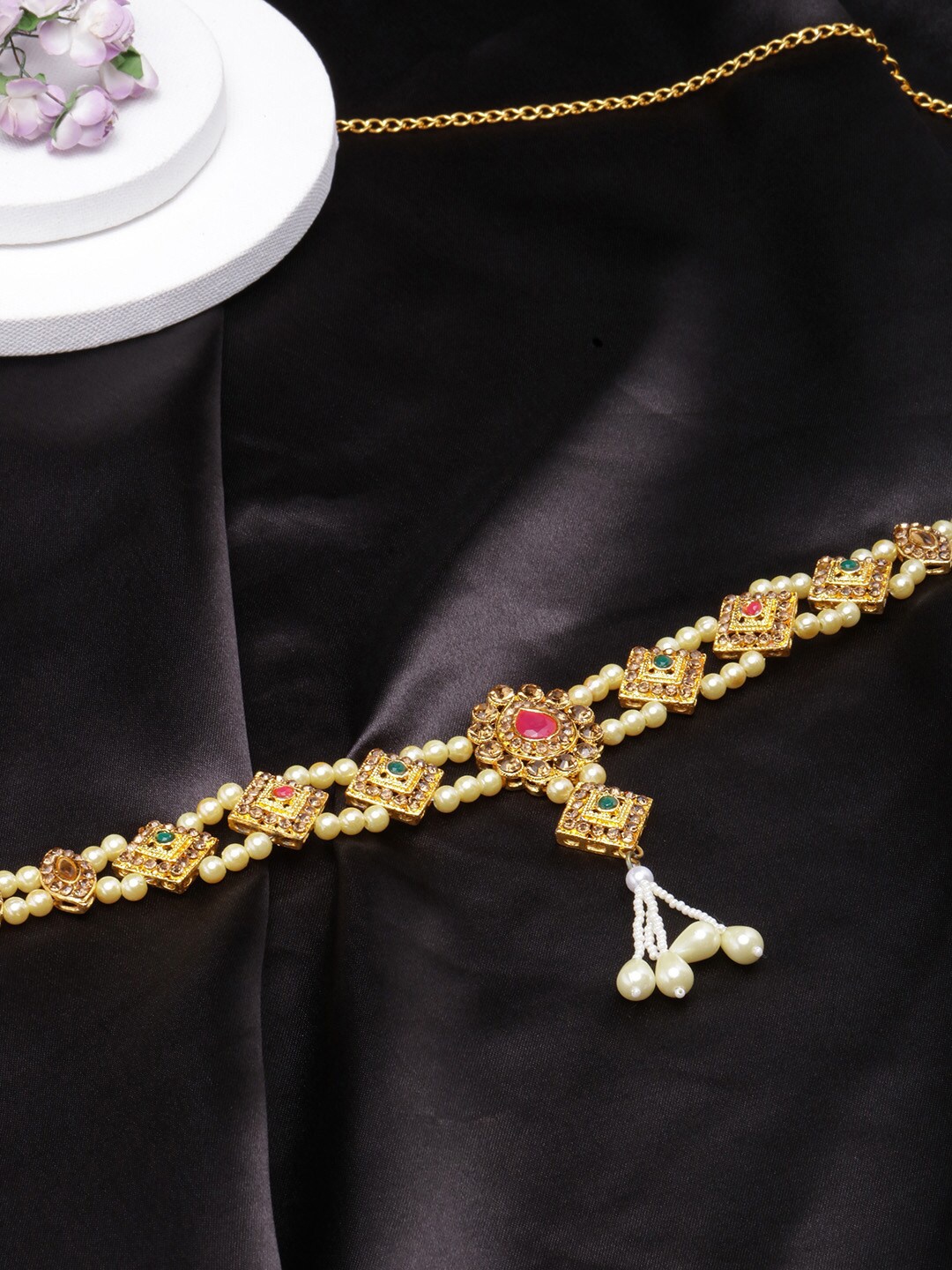 

DIVA WALK Women Gold-Plated Stones & Beads Studded Brass Body Chain, Pink