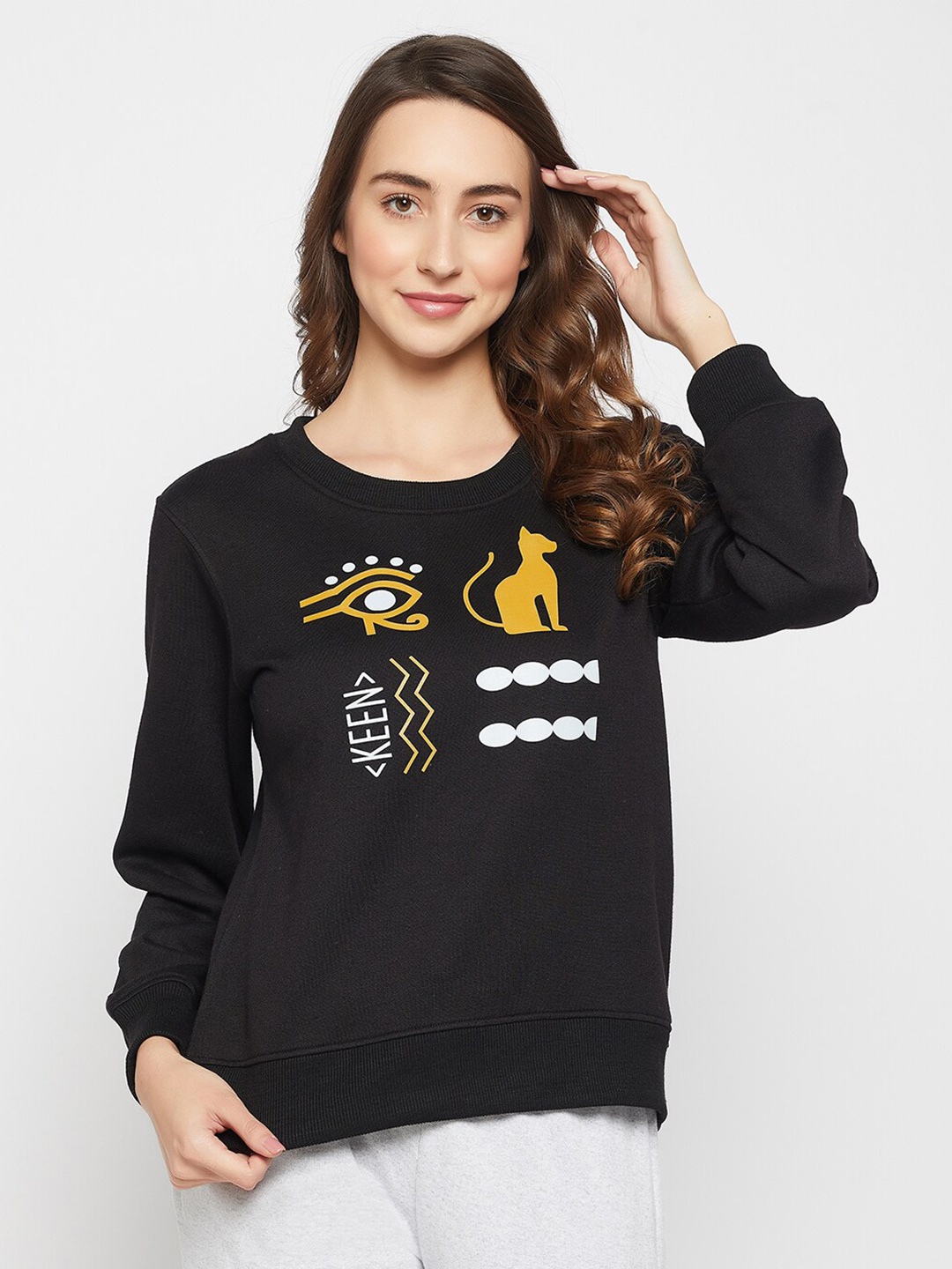 

Clovia Women Printed Fleece Pullover Cotton Sweatshirt, Black