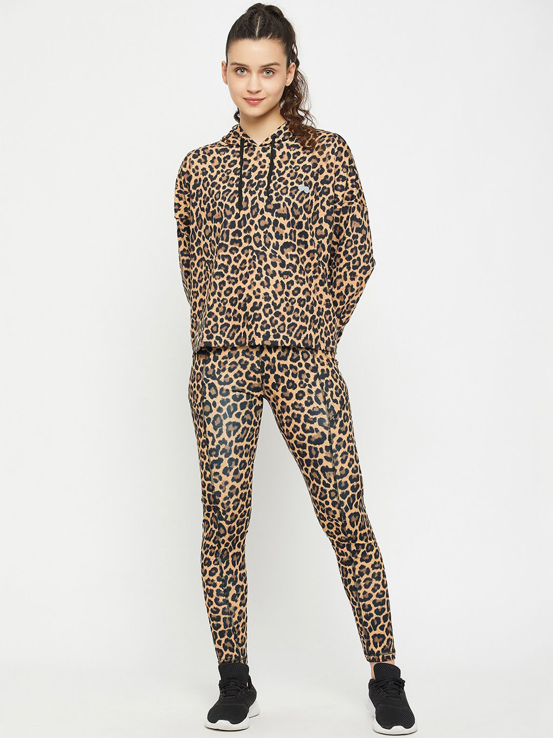 

Clovia Women Printed High-Rise Tights & Comfort Hoodie Tracksuit Set, Brown