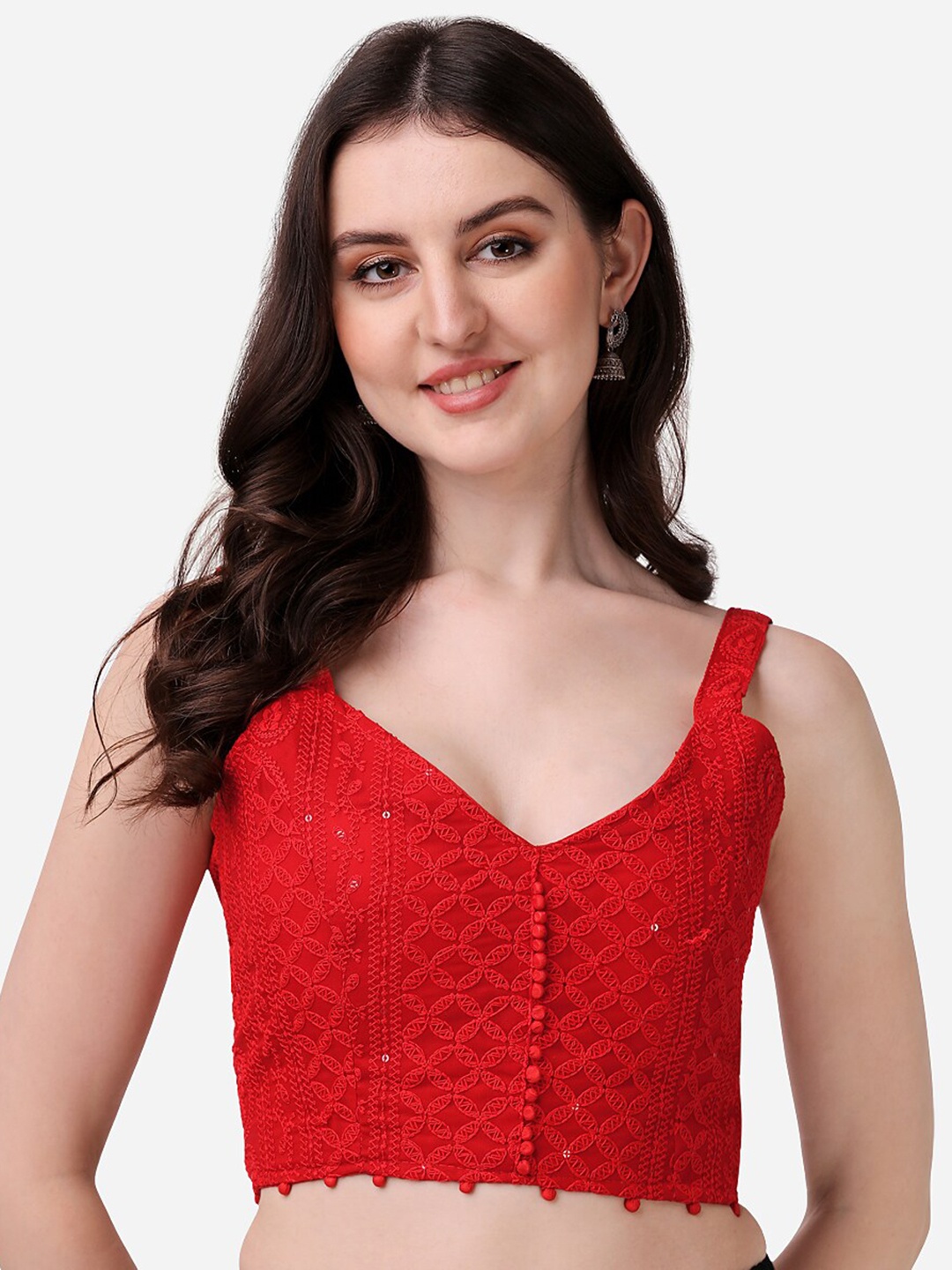 

Sumaira Tex Embroidered Sleeveless Readymade Saree Blouse, Red