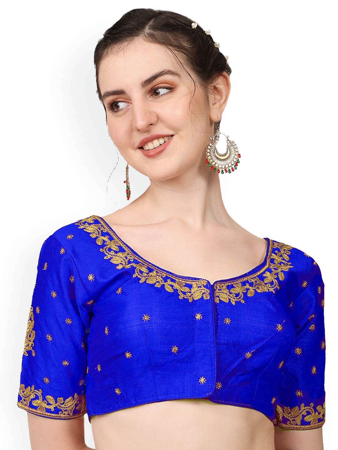 

Sumaira Tex Embroidered Round Neck Saree Blouse, Blue