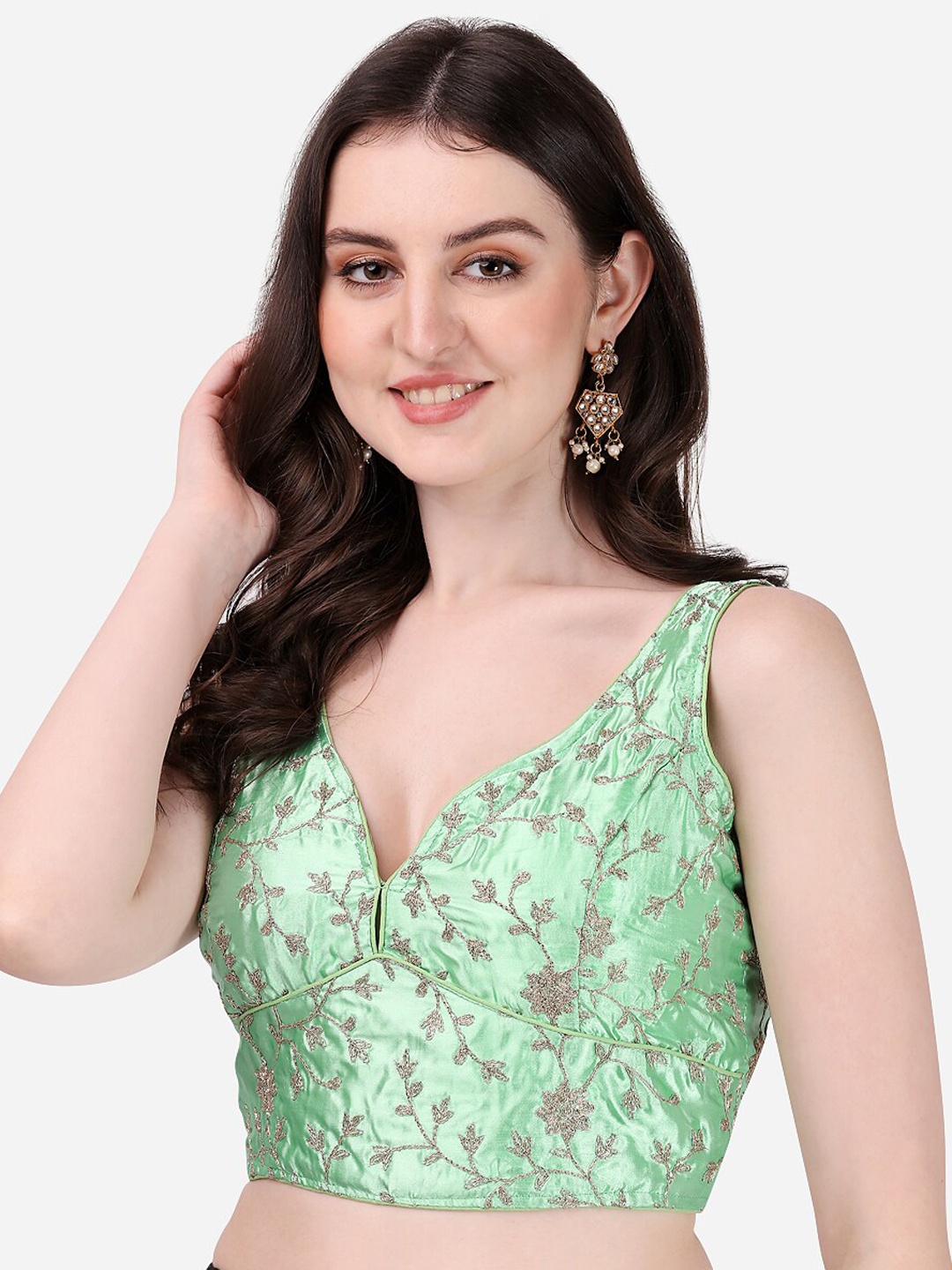 

Sumaira Tex Embroidered Silk Saree Blouse, Lime green