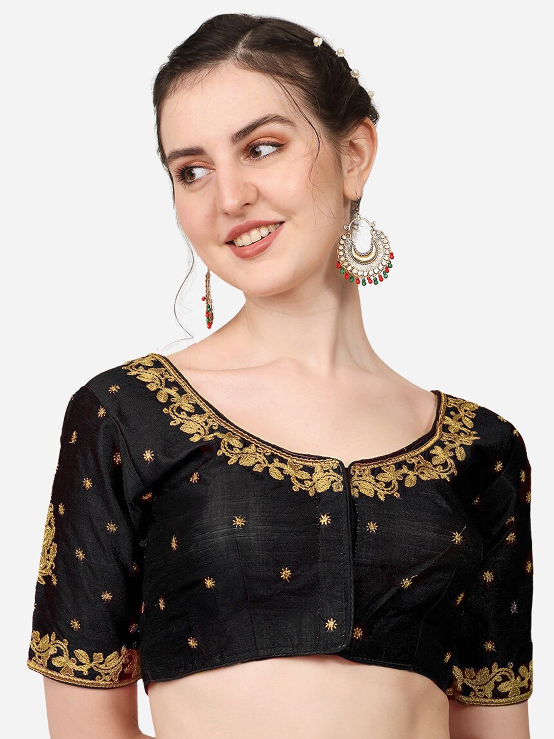 

Sumaira Tex Embroidered Short Sleeve Saree Blouse, Black