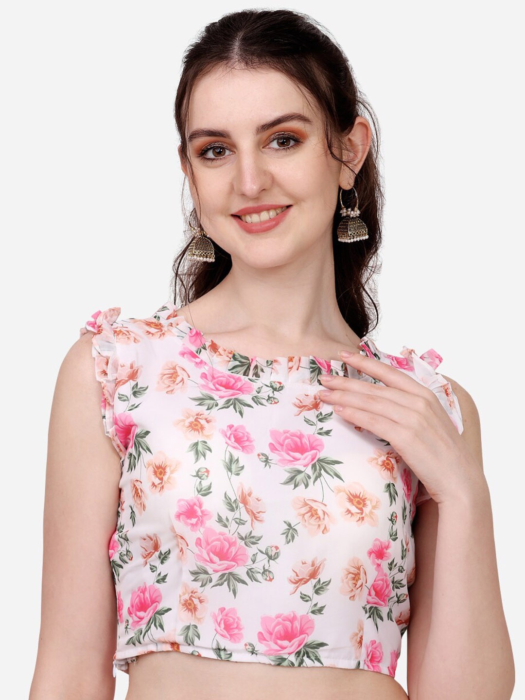 

Sumaira Tex Floral Printed Saree Blouse, White