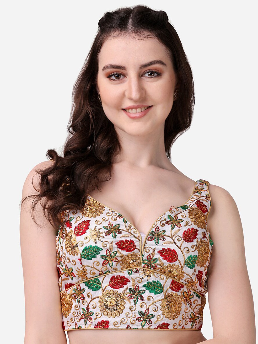 

Sumaira Tex Embroidered Silk Sleeveless Saree Blouse, White