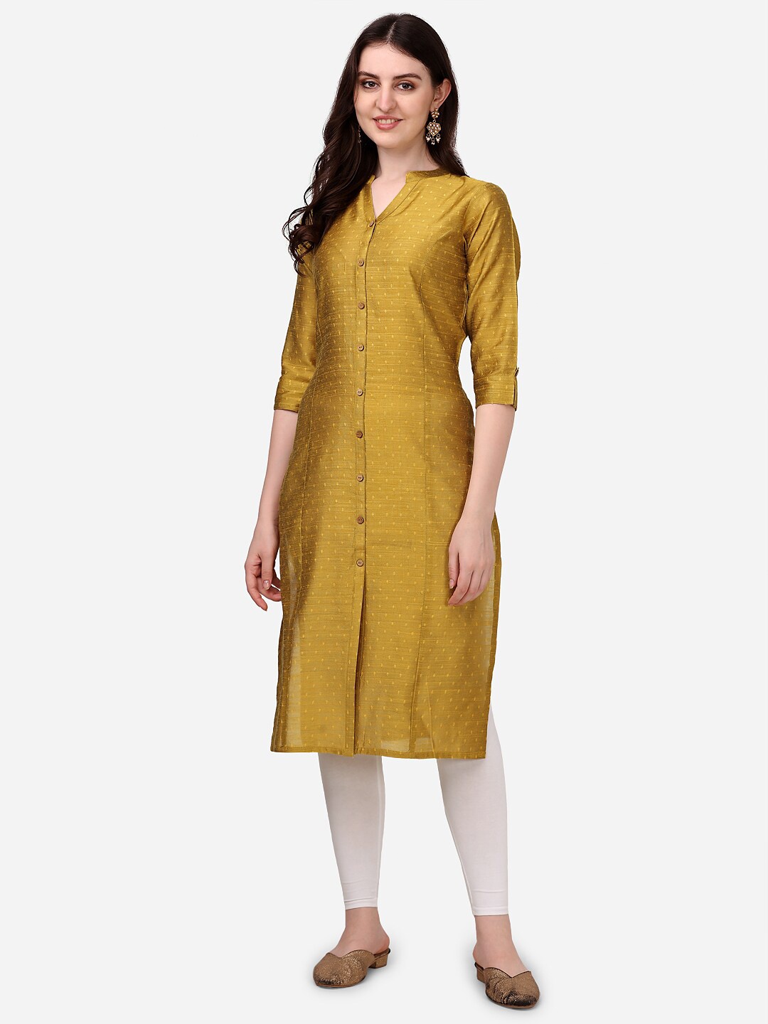 

HERE&NOW Geometric Printed Mandarin Collar Dobby Art Silk Kurta, Yellow