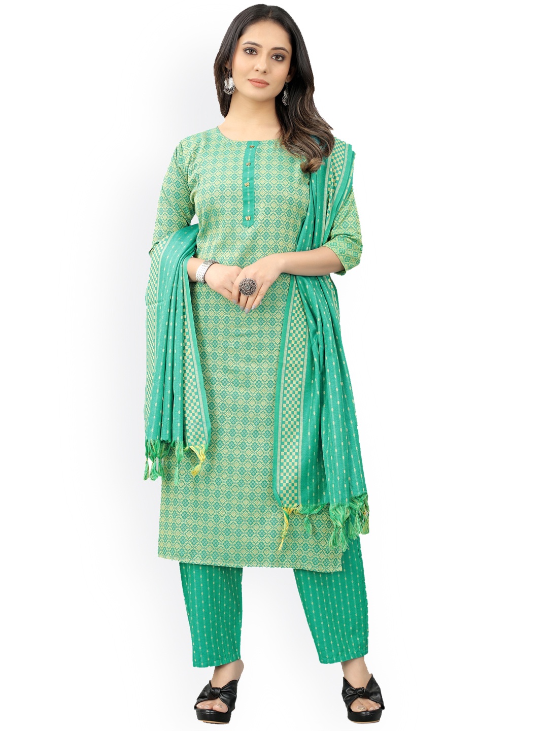 

Atsevam Women Ethnic Motifs Printed Kurta with Trousers & Dupatta, Green