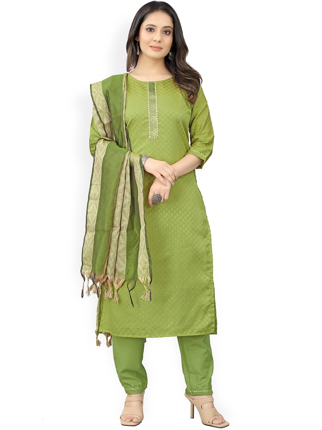 

Atsevam Women Woven Design Kurta with Trousers & Dupatta, Green