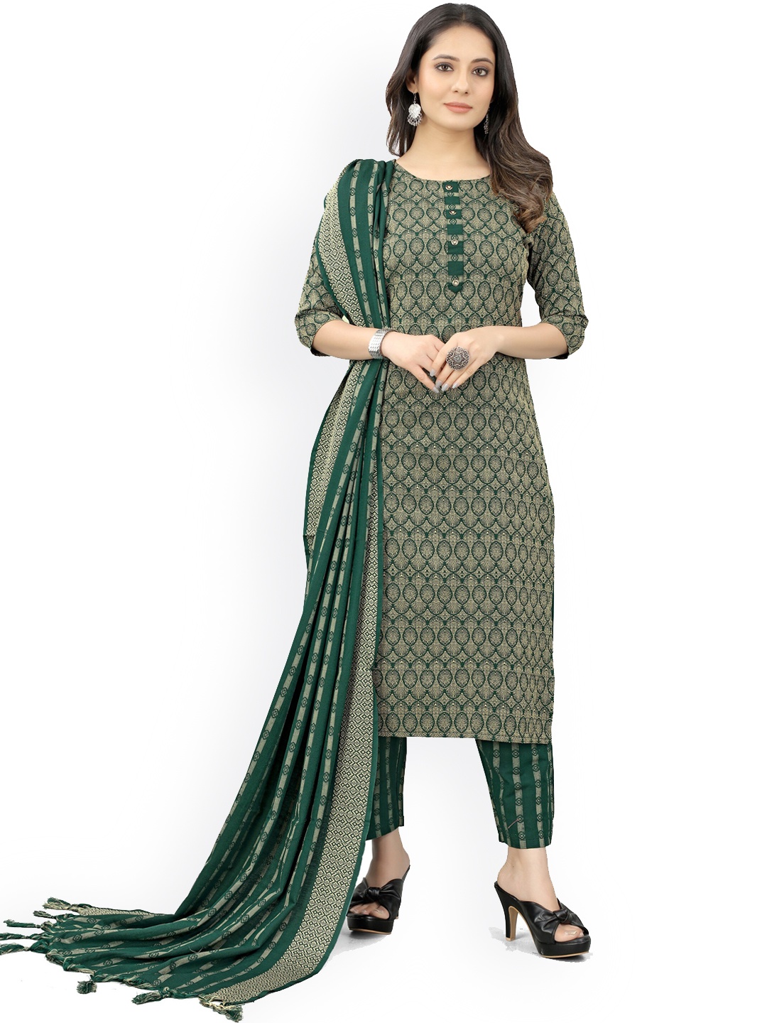 

Atsevam Women Ethnic Motifs Printed Kurta with Trousers & Dupatta, Green