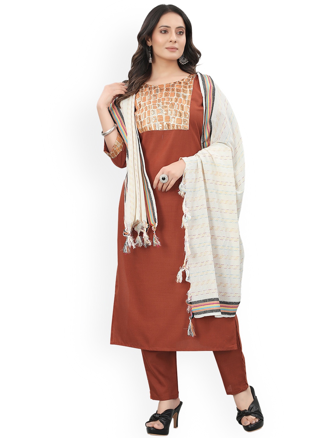 

Atsevam Women Yoke Design Kurta with Trousers & Dupatta, Rust