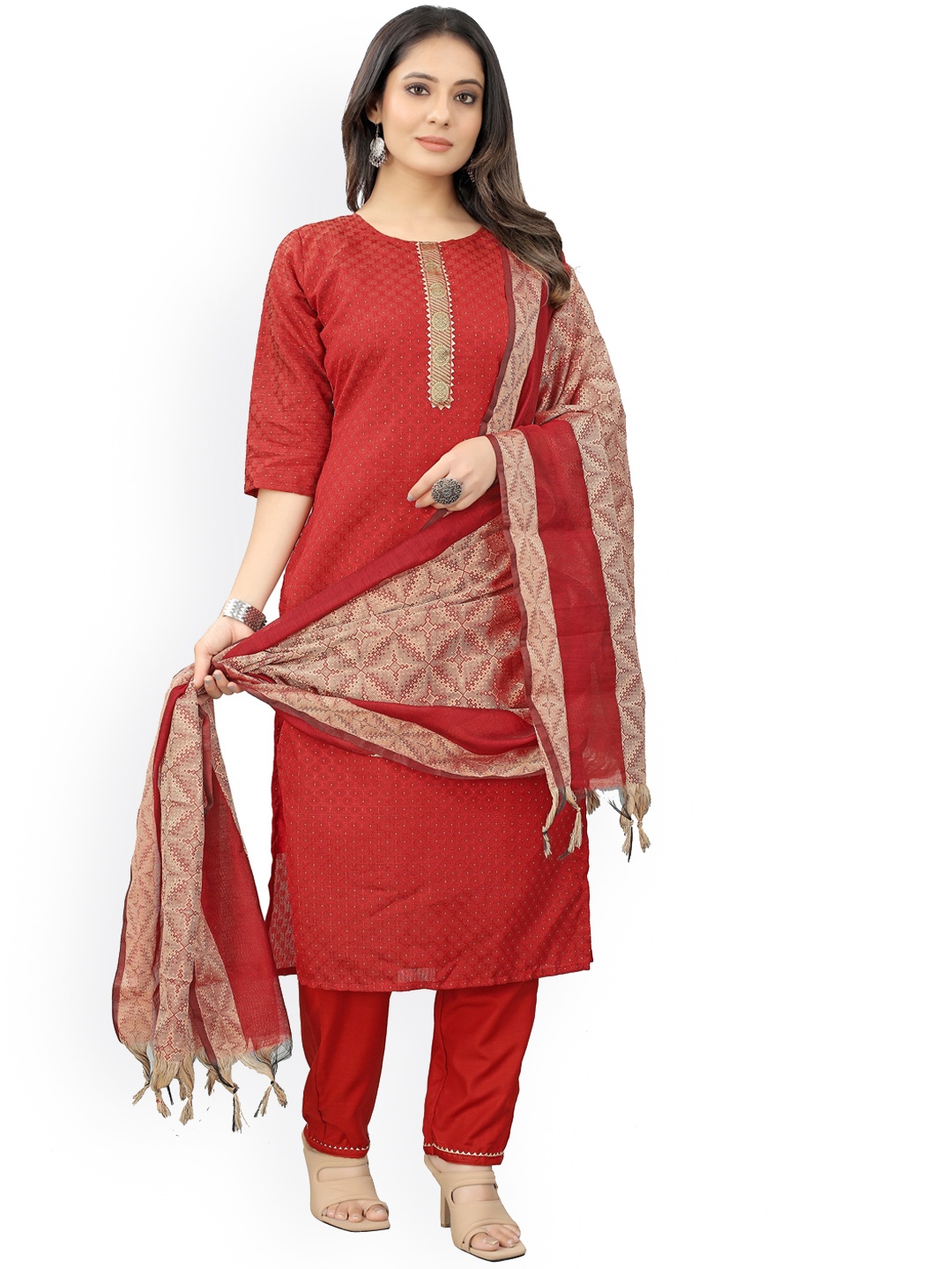 

Atsevam Women Woven Design Kurta with Trousers & Dupatta, Red