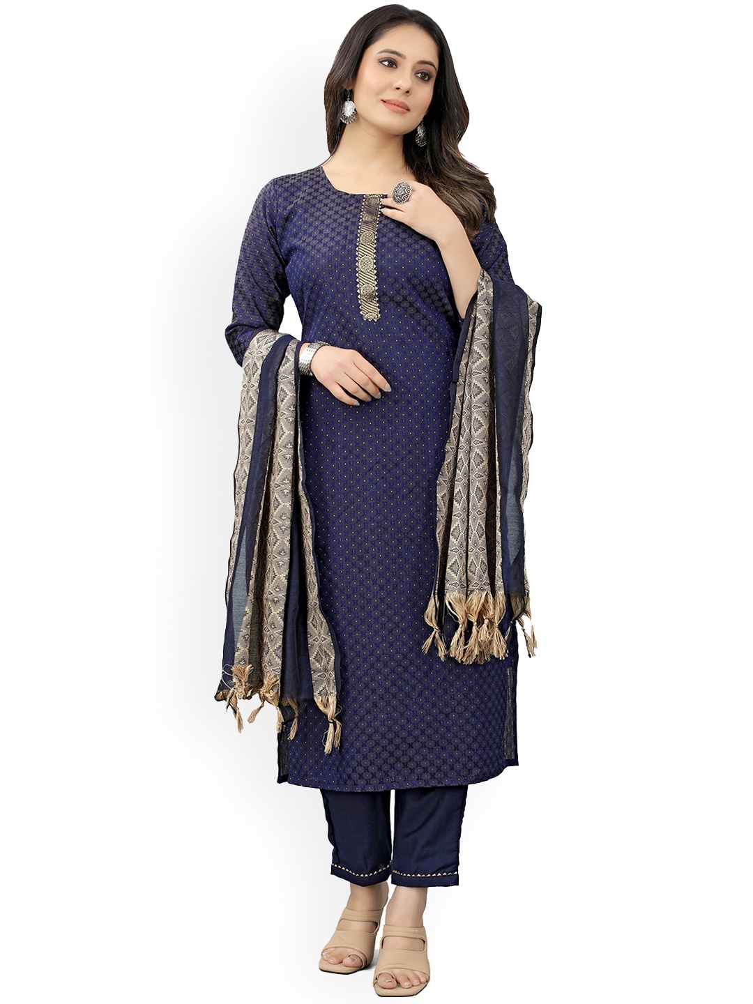 

Atsevam Women Woven Design Kurta with Trousers & Dupatta, Navy blue