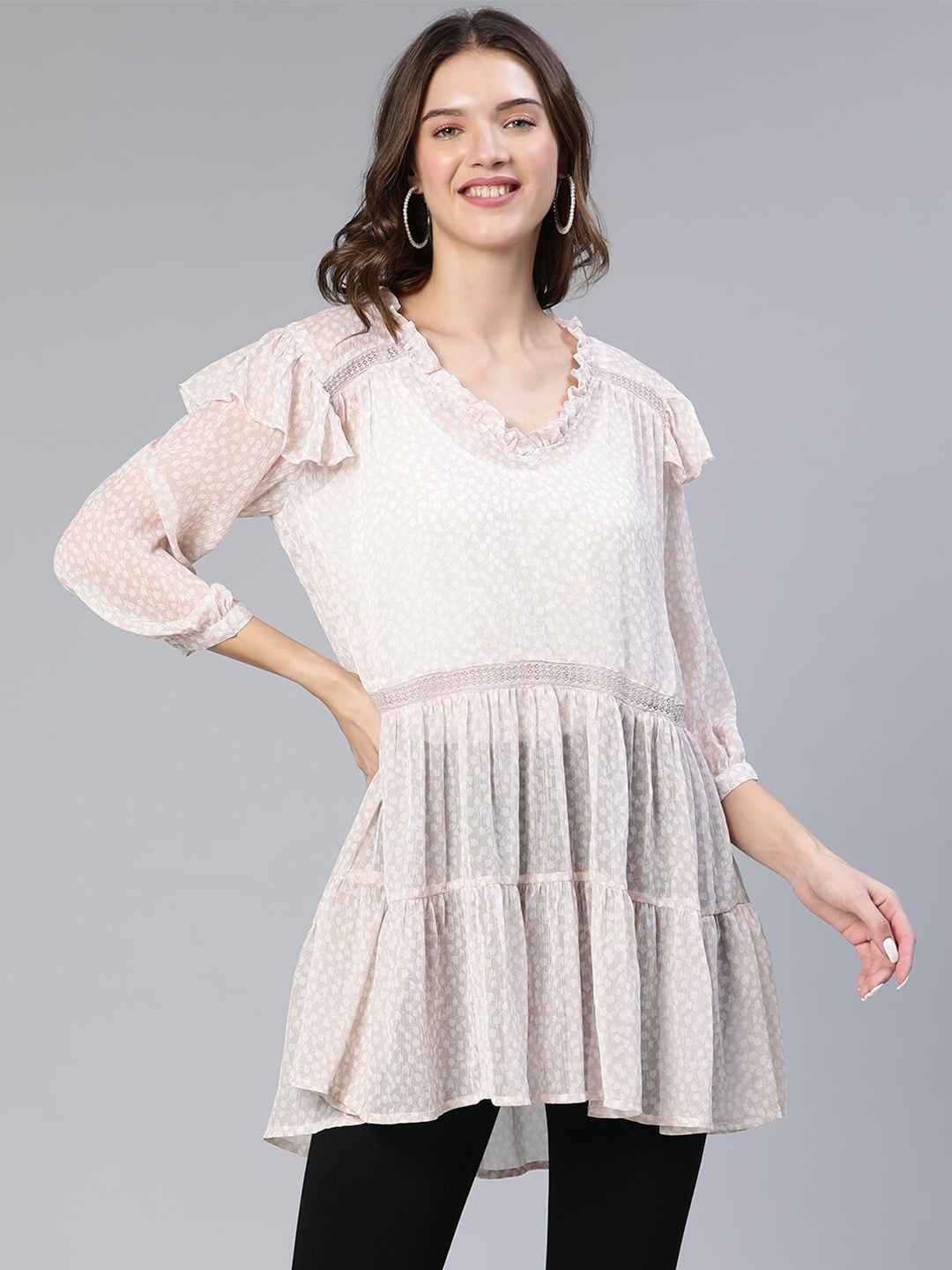 

Oxolloxo Printed V-Neck Tunic With Ruffle Detail, Beige