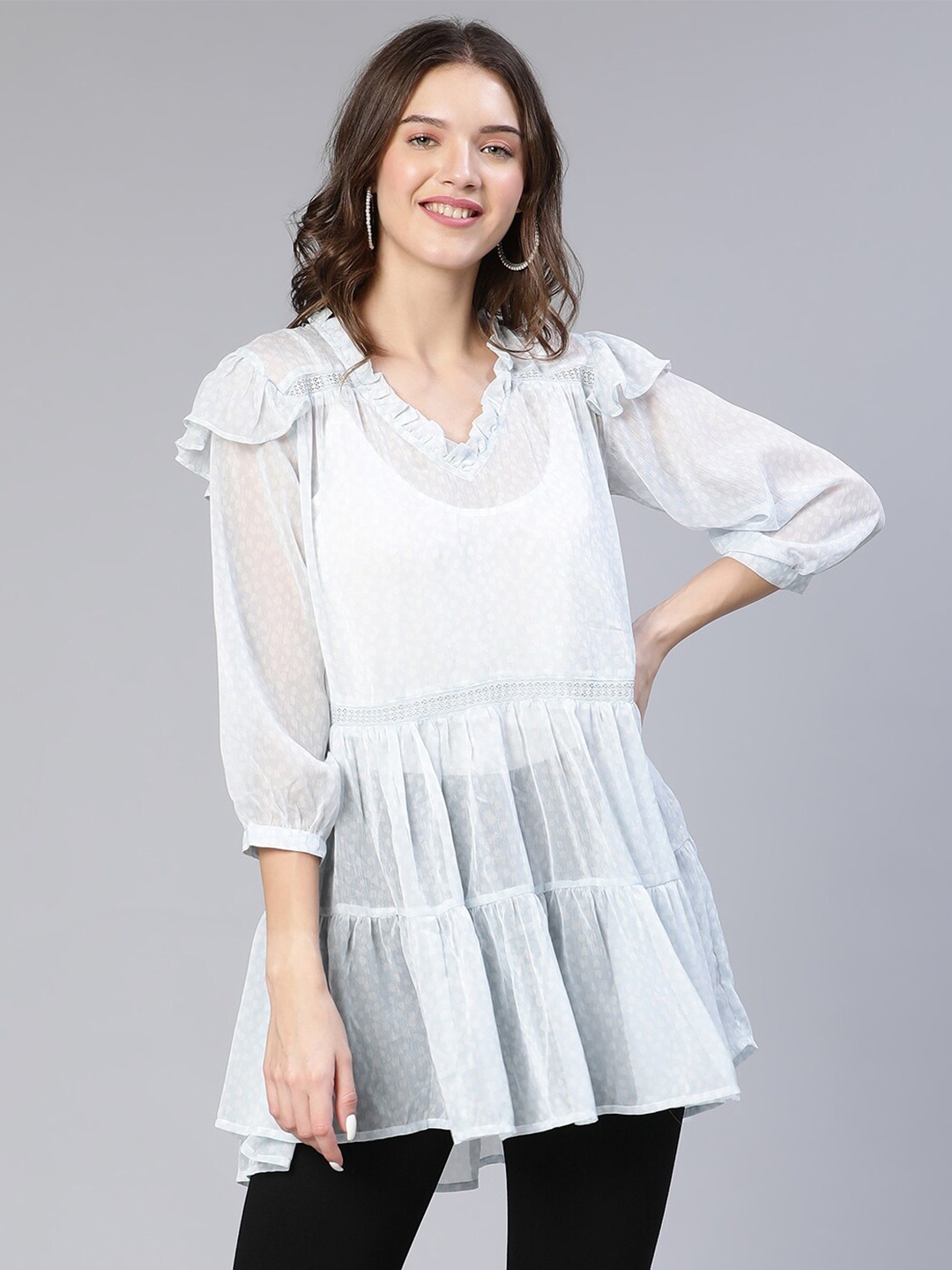 

Oxolloxo Animal Printed Ruffled Tunic With Cami, Blue