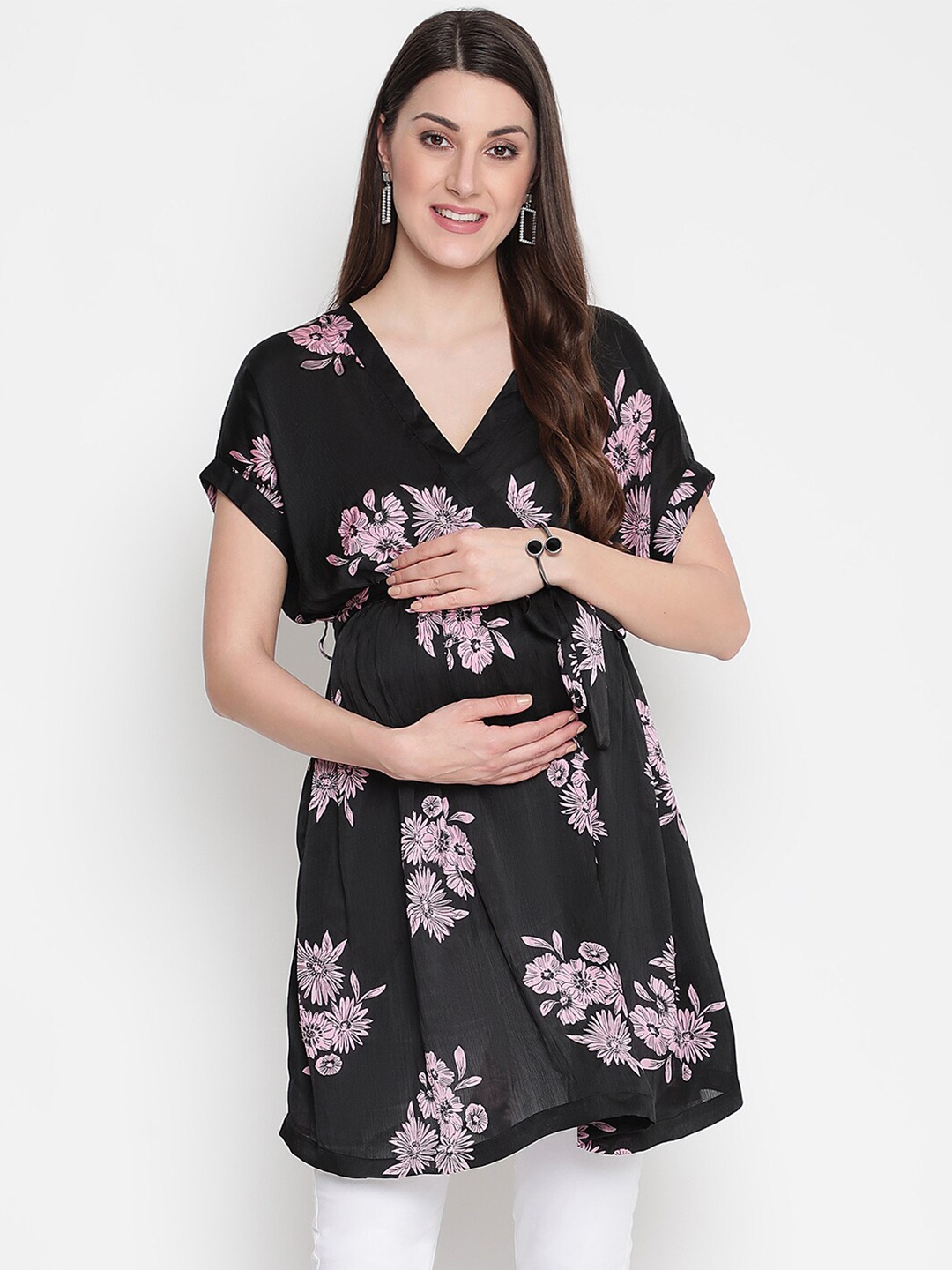 

Oxolloxo Floral Printed V-Neck Wrap Maternity Tunic, Black