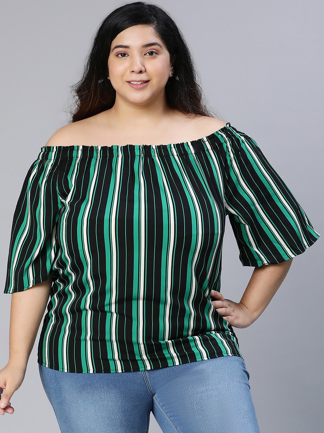 

Oxolloxo Striped Off-Shoulder Bardot Top, Black