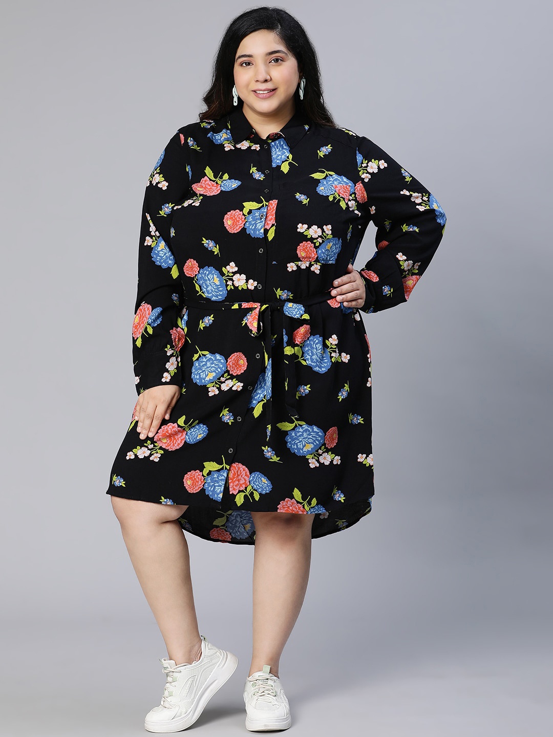 

Oxolloxo Floral Shirt Dress, Black