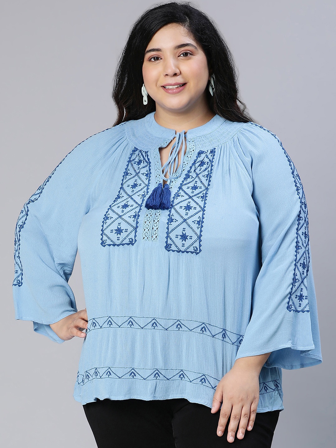 

Oxolloxo Plus Size Embroidered Tie-Up Neck Top, Blue
