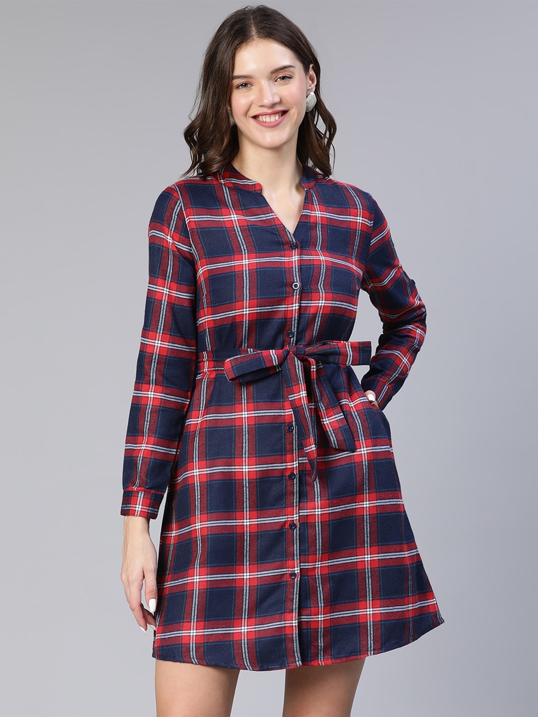 

Oxolloxo Checked A-Line Cotton Dress, Navy blue