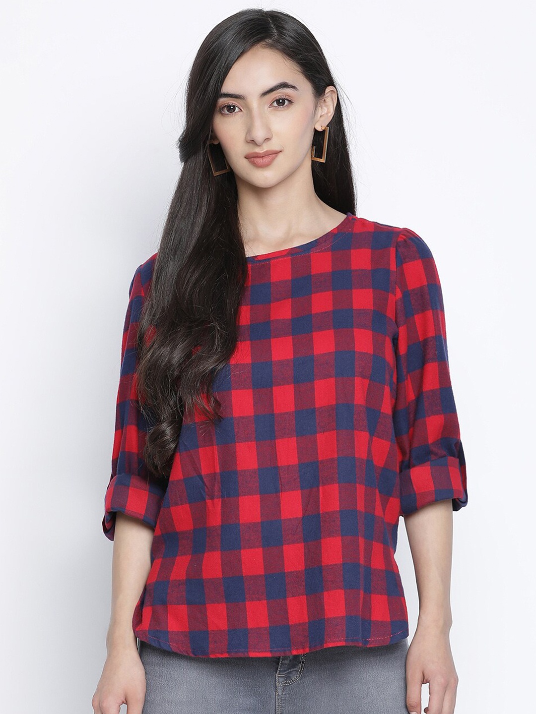 

Oxolloxo Printed Cotton Round Neck Checked Top, Red