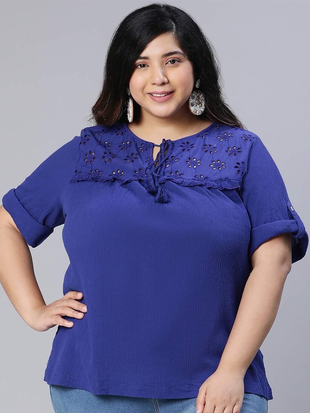 

Oxolloxo Plus Size Tie-Up Neck Roll-Up Sleeves Top, Blue