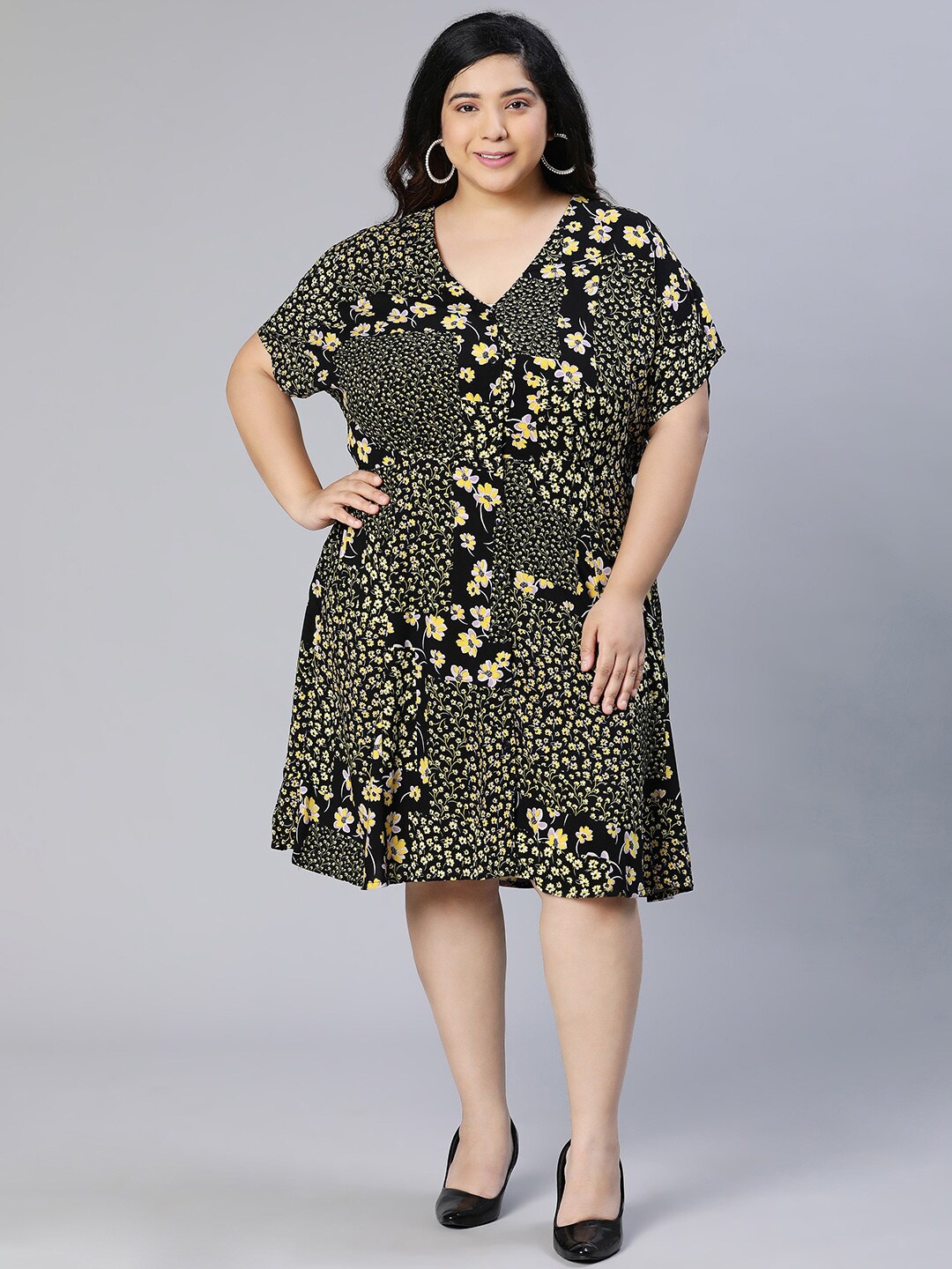 

Oxolloxo Floral Printed Fit And Flare Dress, Black