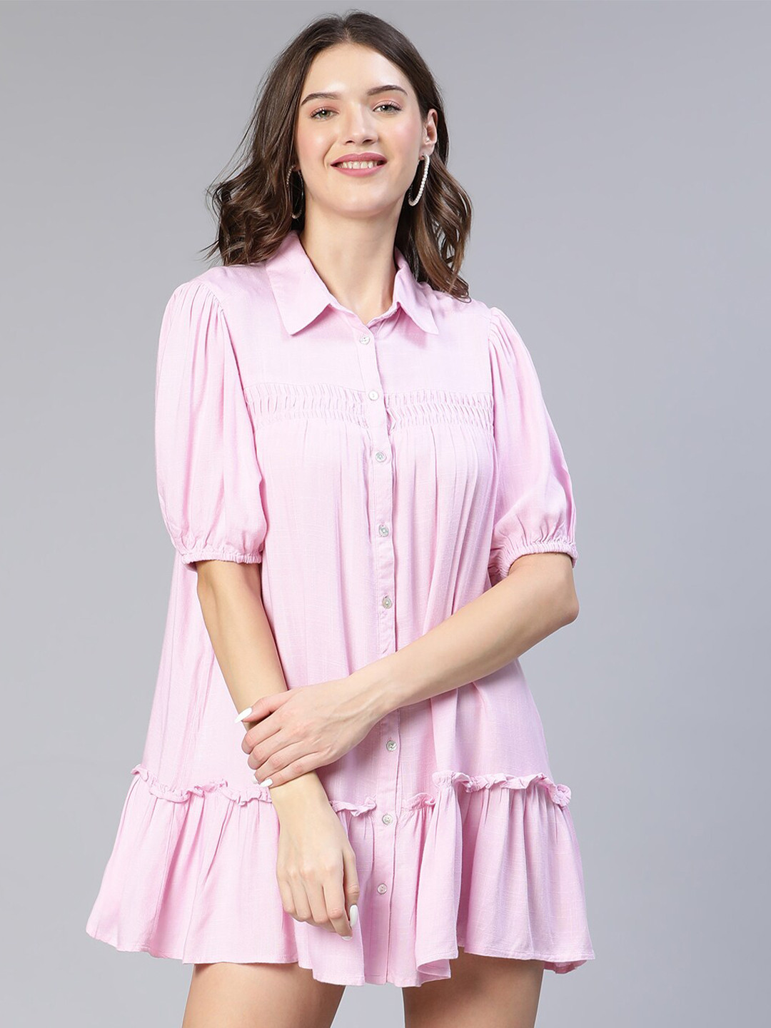

Oxolloxo Shirt Collar A-Line Cotton Mini Dress, Purple
