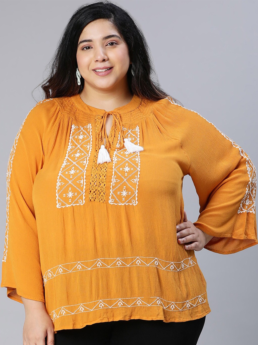 

Oxolloxo Plus Size Embroidered Tie-Up Neck Top, Mustard