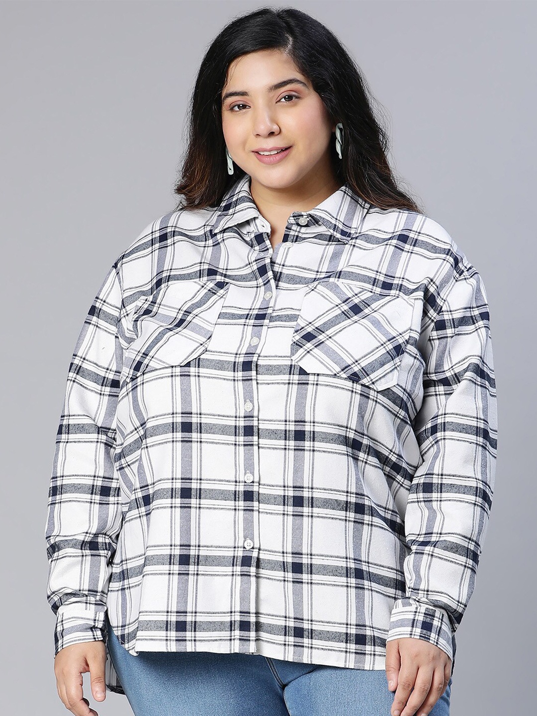 

Oxolloxo Women Plus size Tartan Checks Cotton Casual Shirt, White