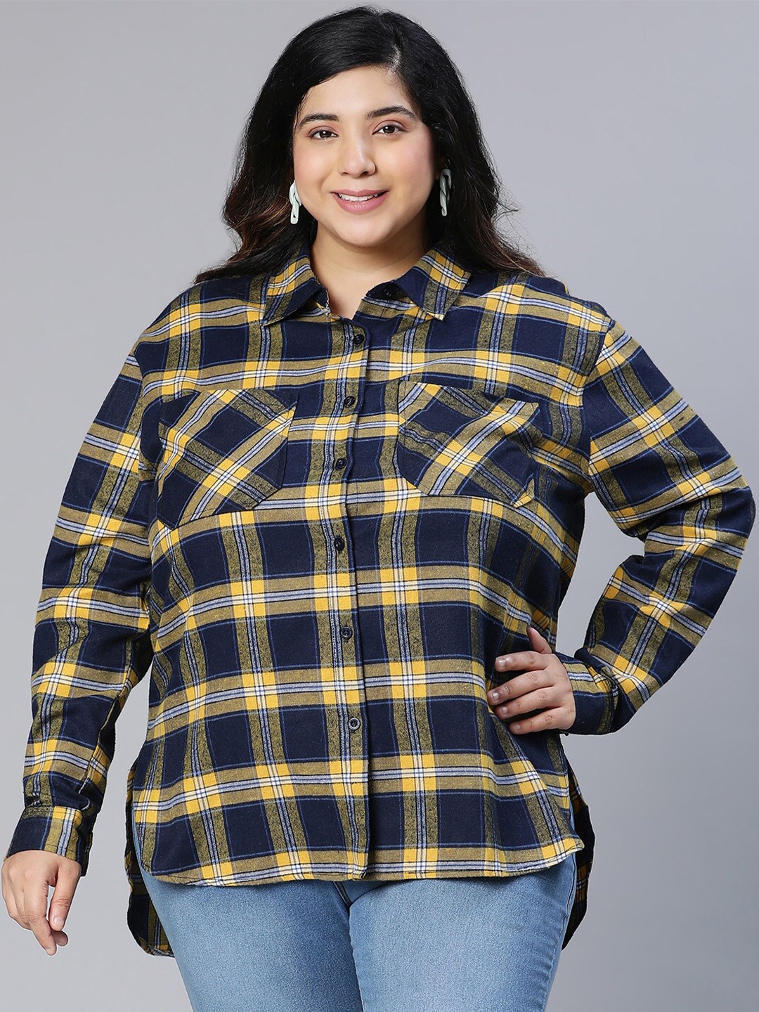 

Oxolloxo Women Plus size Tartan Checks Cotton Casual Shirt, Navy blue
