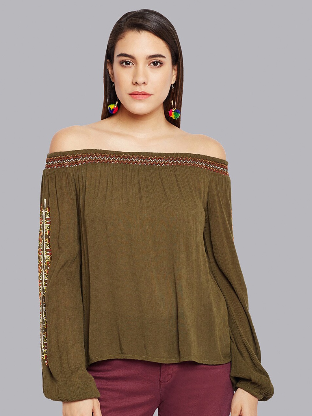 

Oxolloxo Embroidered Off-Shoulder Bardot Top, Khaki