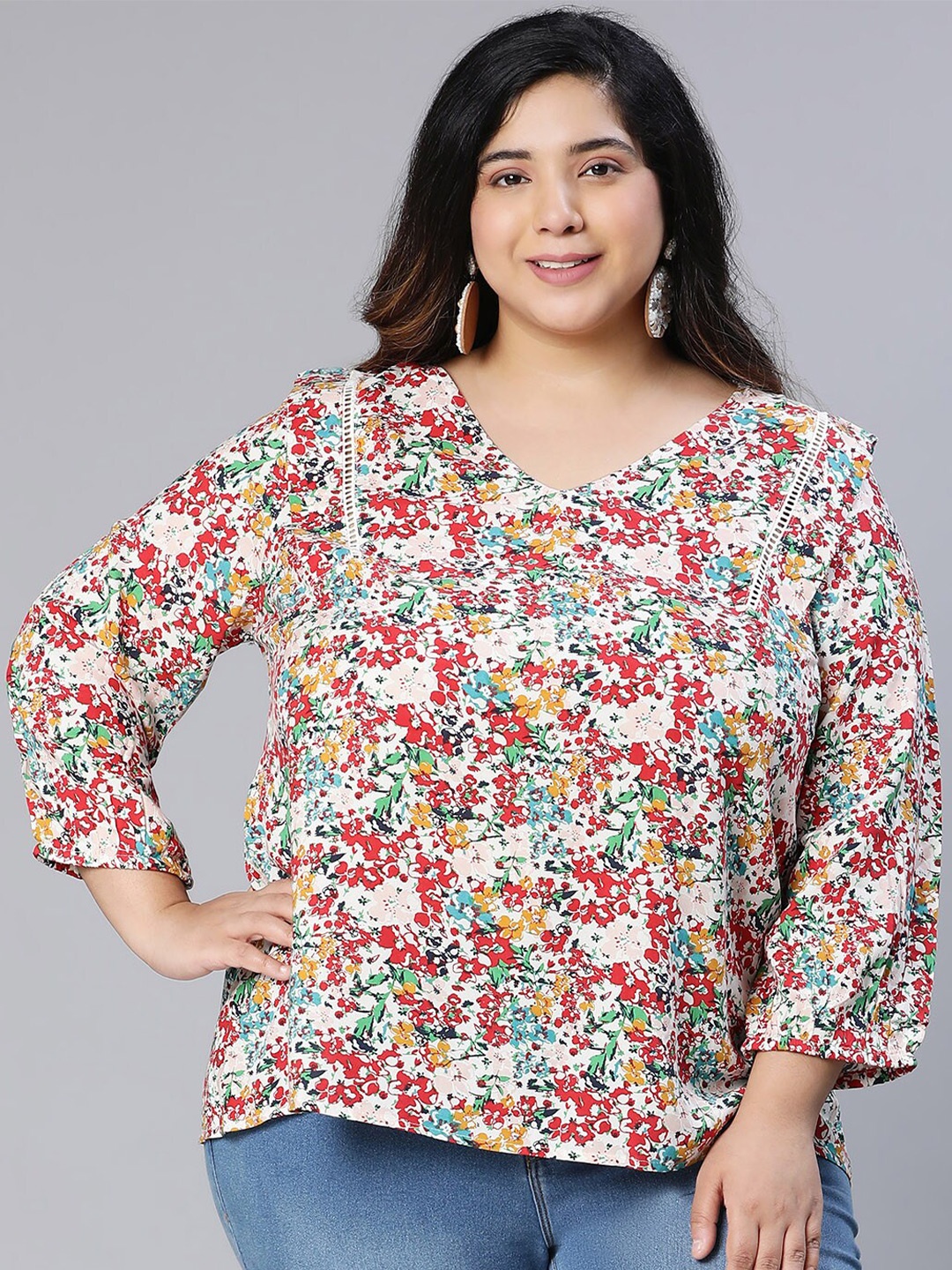 

Oxolloxo Plus Size Floral Print Top, White