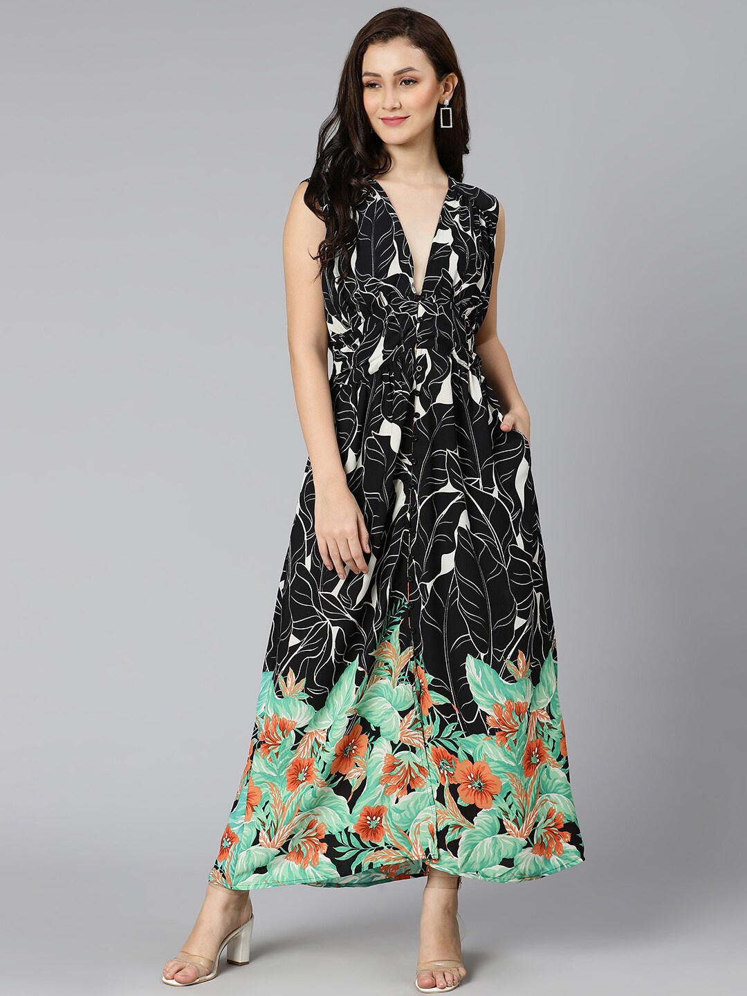 

Oxolloxo Floral Printed Maxi Dress, Black