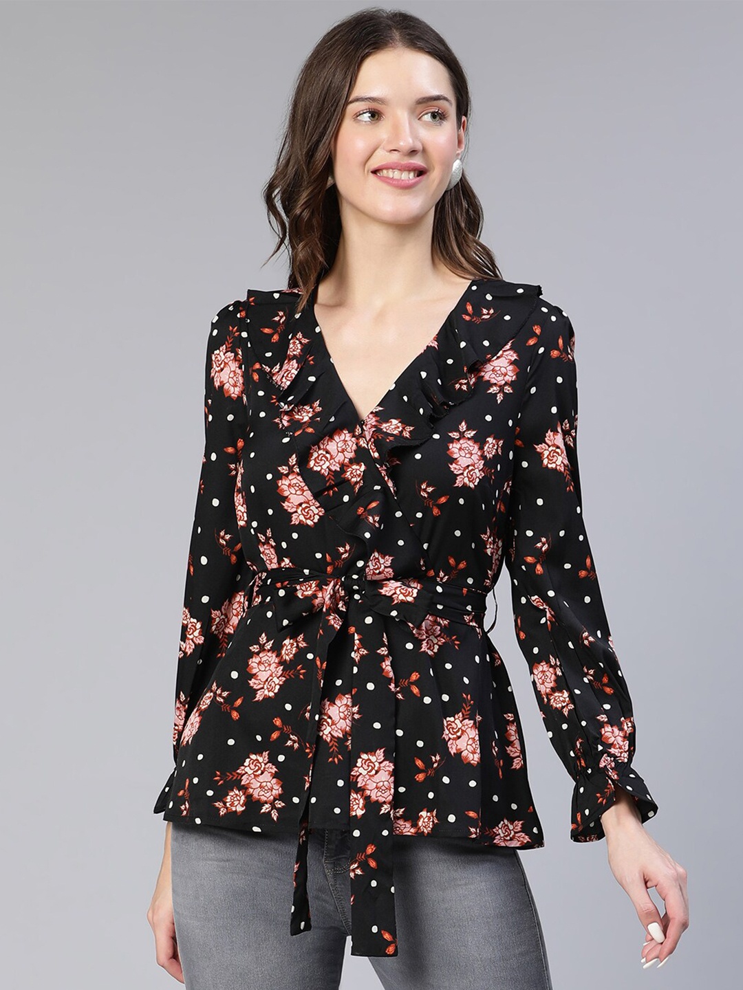 

Oxolloxo Floral Print Ruffle Detail Wrap Top, Black