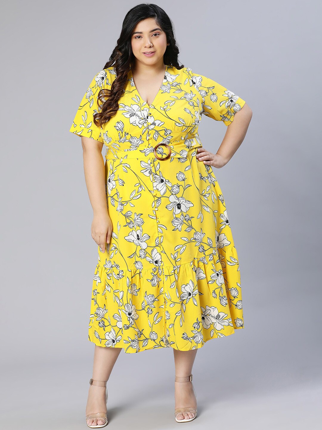 

Oxolloxo Plus Size Floral A-Line Midi Dress, Yellow