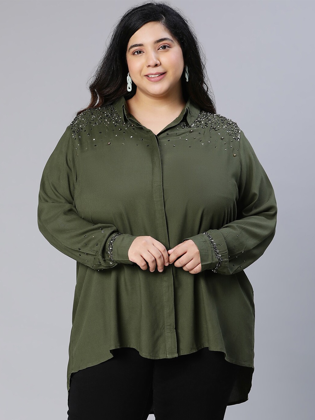 

Oxolloxo Women Plus Size Embellished Casual Shirt, Olive