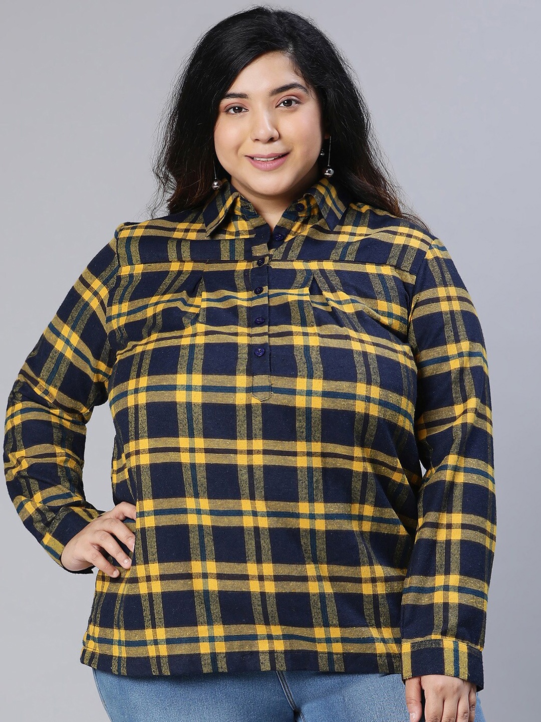 

Oxolloxo Women Plus Size Checked Casual Shirt, Navy blue