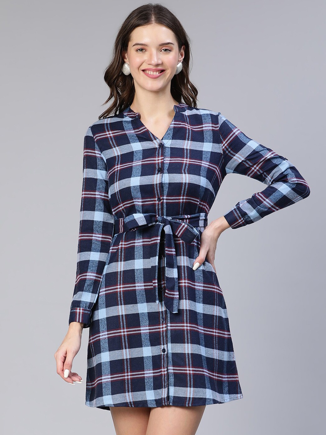 

Oxolloxo Checked Shirt Cotton Dress, Blue