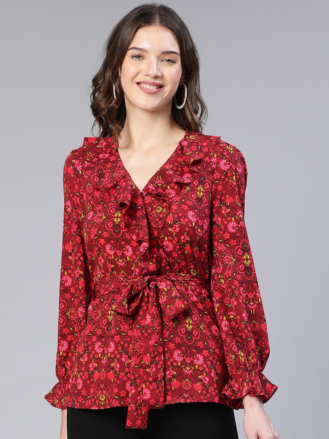 

Oxolloxo Floral Printed V-Neck Cinched Waist Top, Maroon