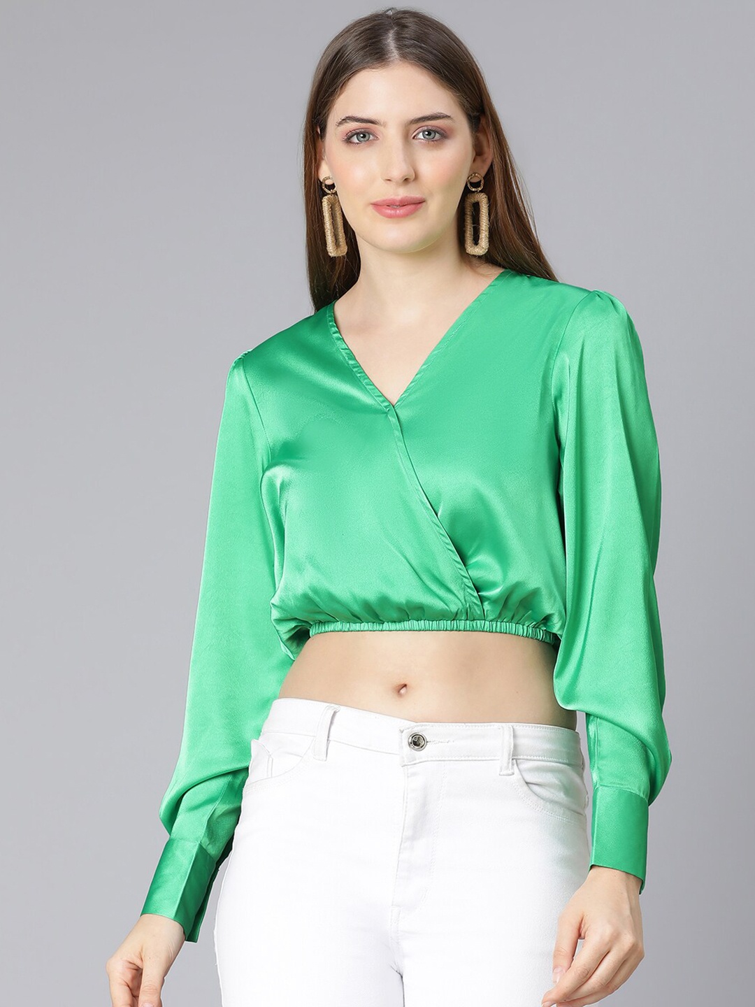 

Oxolloxo V-Neck Cuffed Sleeves Wrap Crop Top, Green