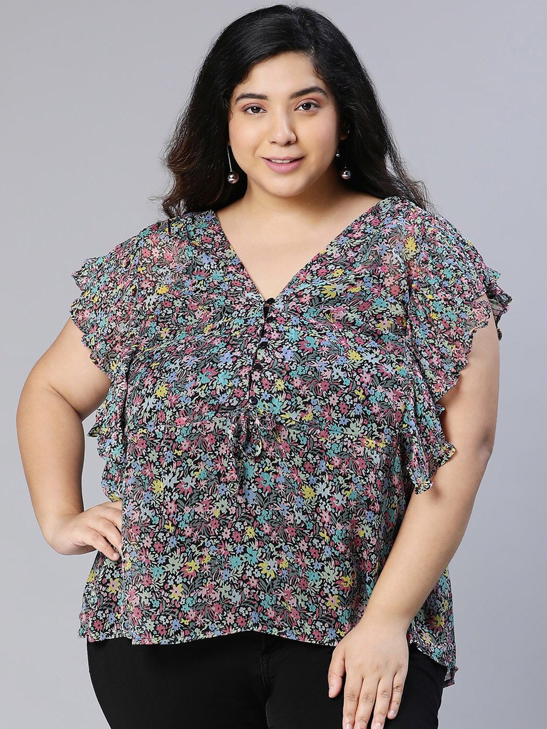 

Oxolloxo Plus Size Floral Printed V-Neck Ruffles Top, Black
