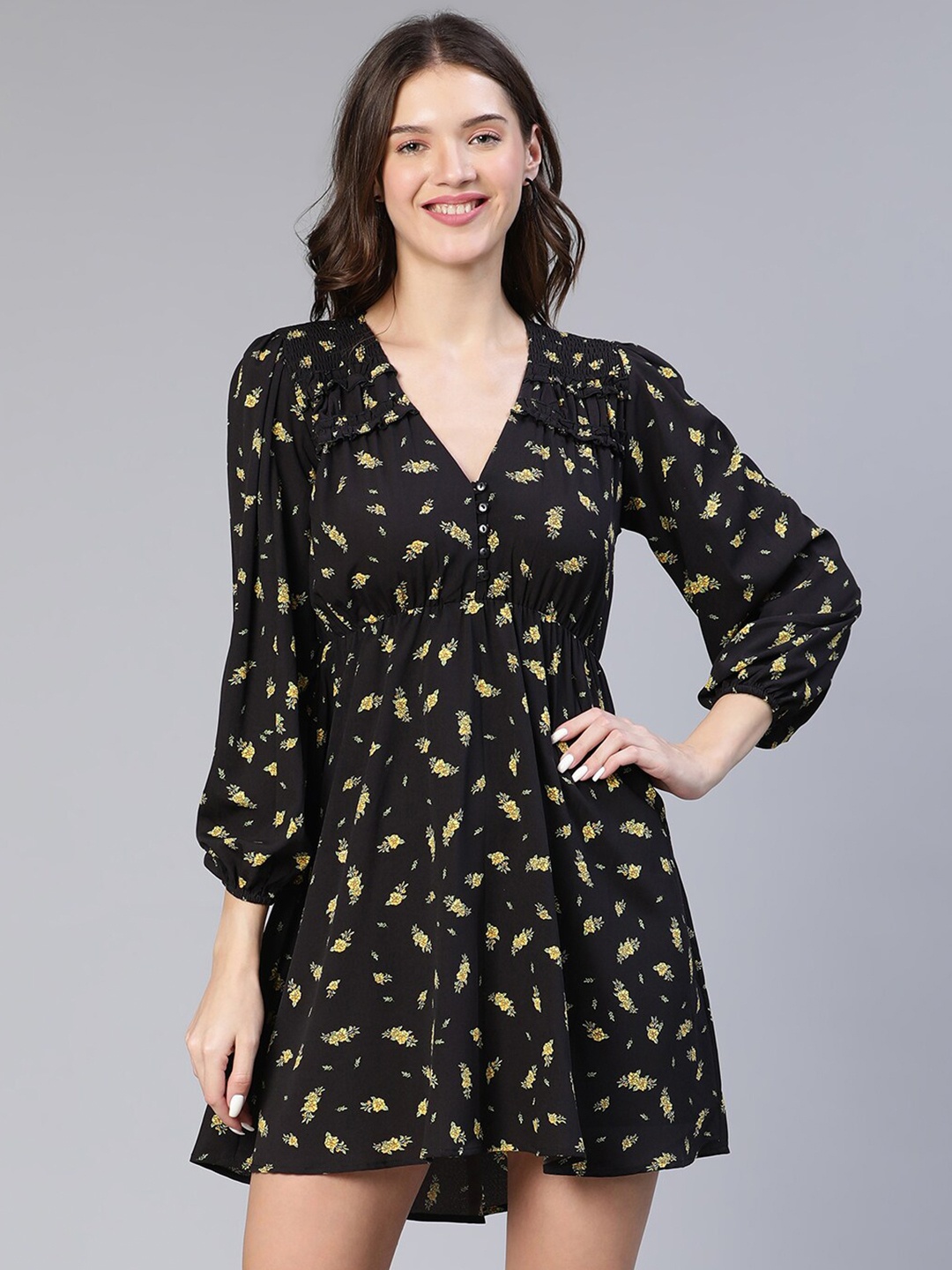 

Oxolloxo Floral Printed Smocked Detail Mini Dress, Black