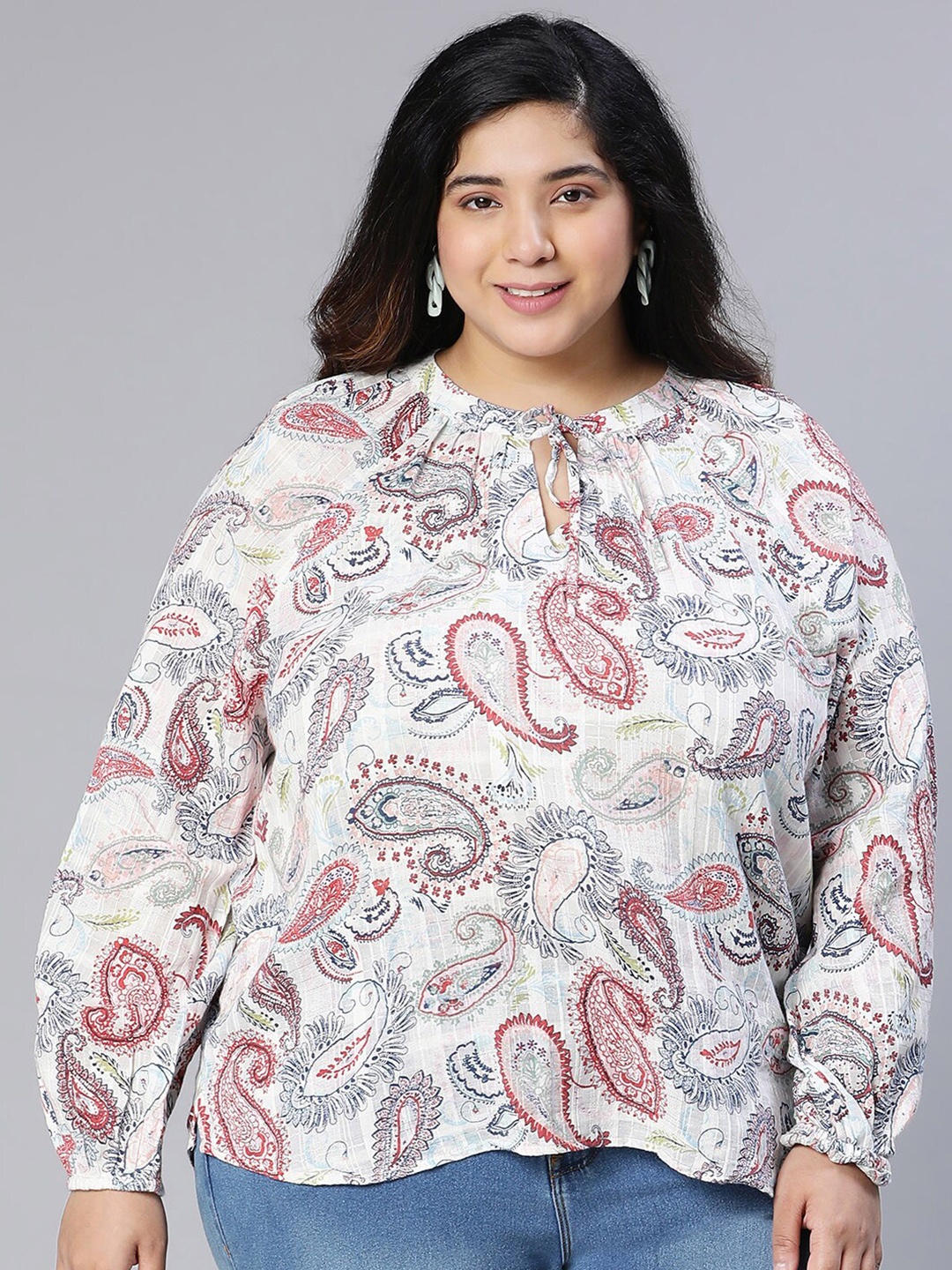 

Oxolloxo Plus Size Ethnic Motif Printed Cotton Tie-Up Neck Top, White