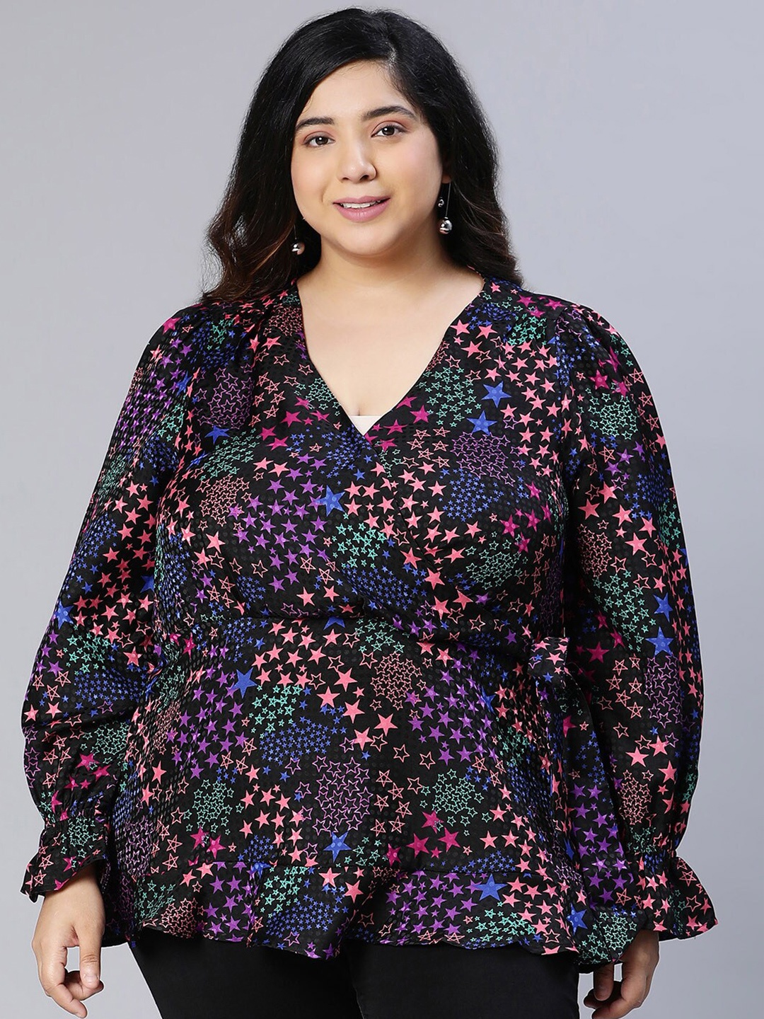 

Oxolloxo Plus Size Conversational Printed Wrap Top, Multi