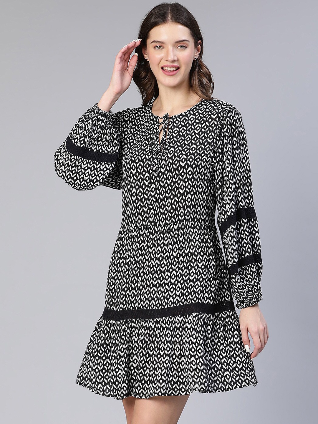 

Oxolloxo Abstract Printed Tie-Up Neck Drop-Waist Dress, Black