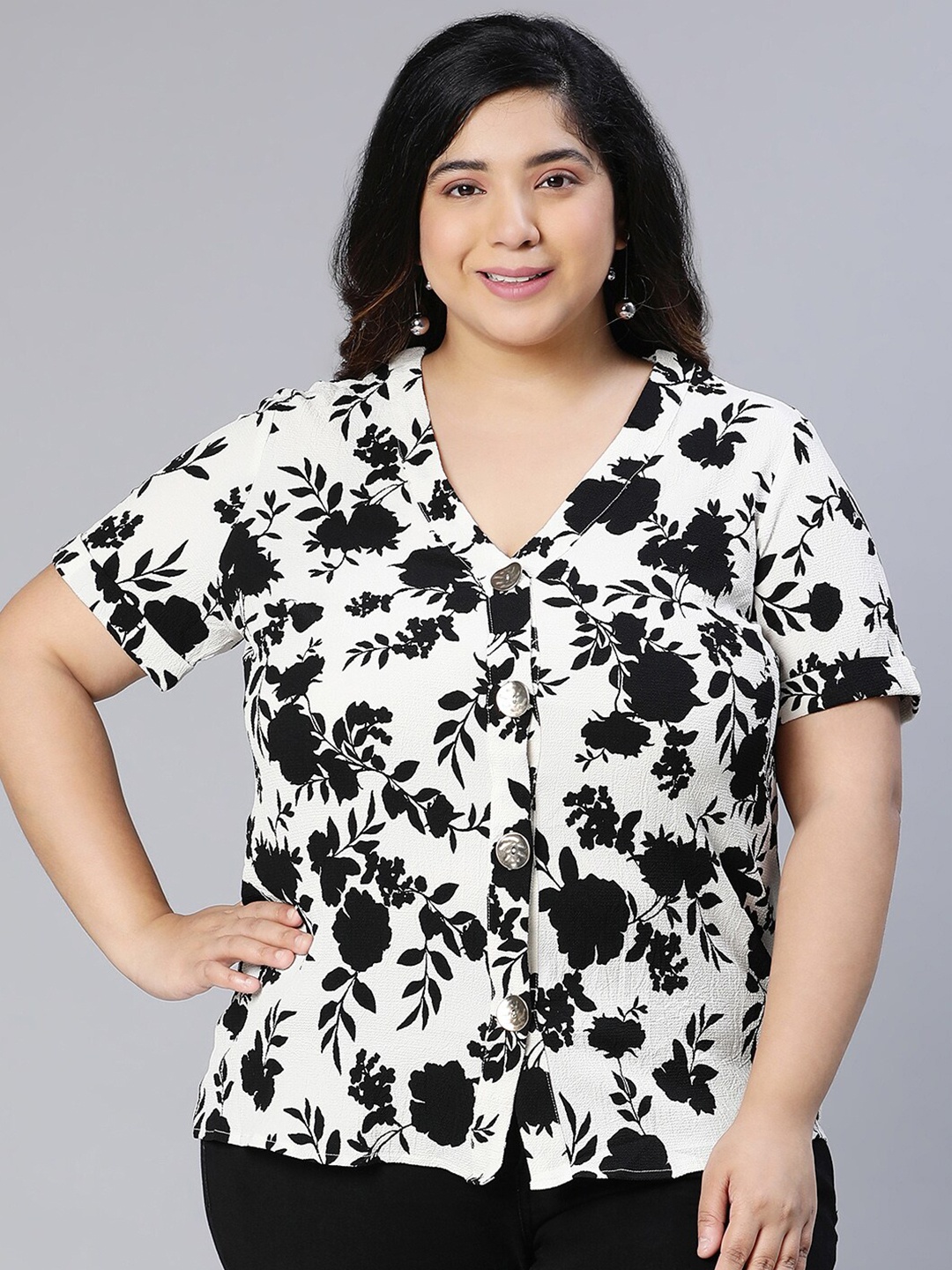 

Oxolloxo Plus Size Floral Printed Shirt Style Top, White