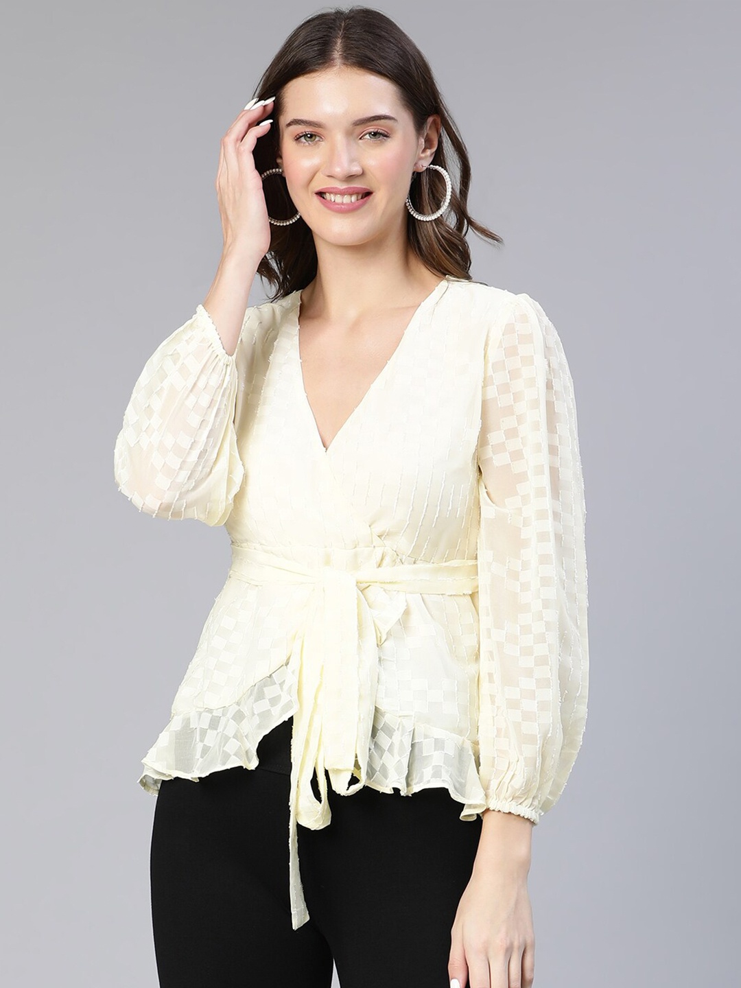 

Oxolloxo Puff Sleeve V-Neck Wrap Top, Yellow