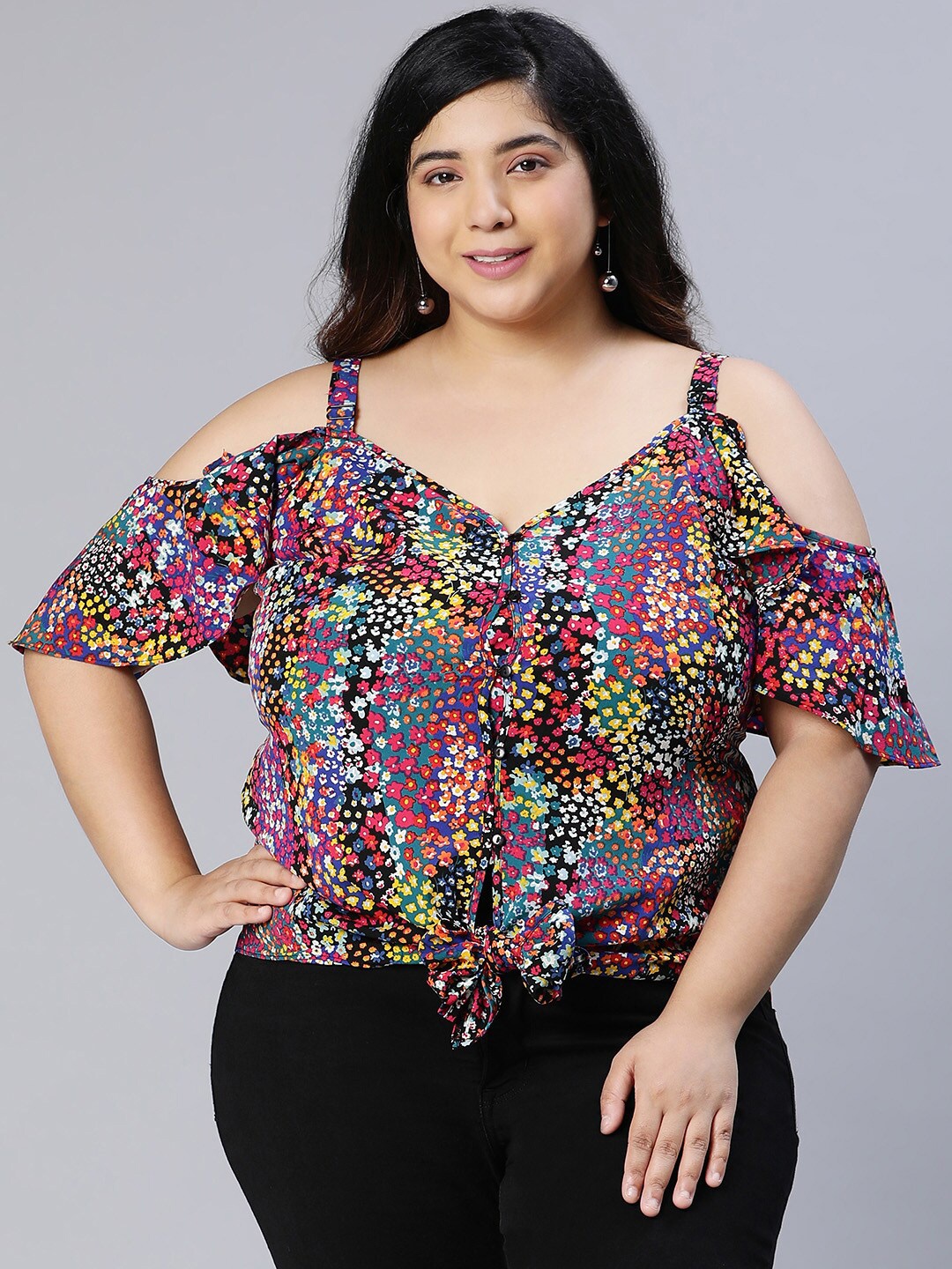 

Oxolloxo Plus Size Floral Printed Cold Shoulder Sleeve Blouson Top, Multi