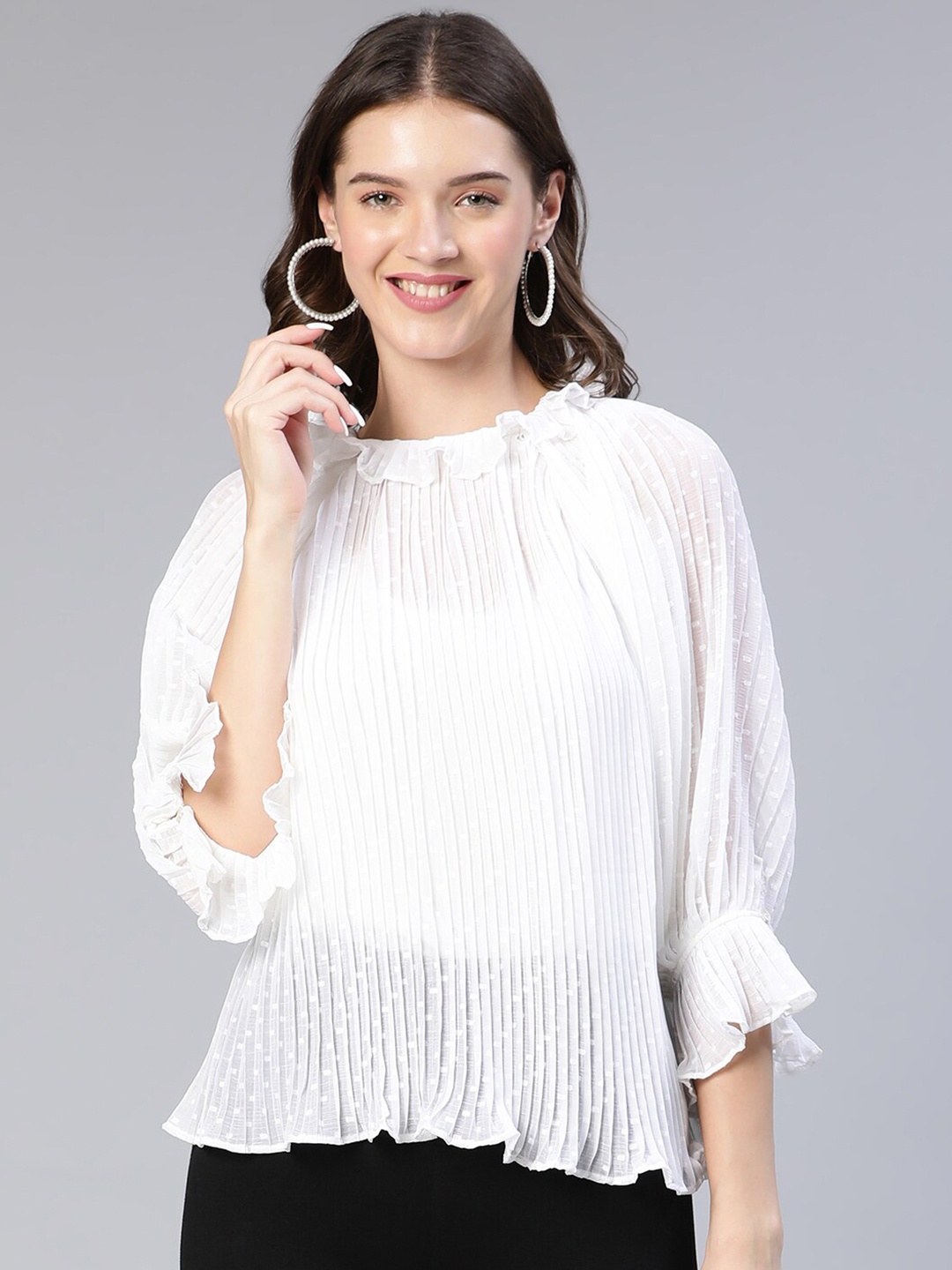 

Oxolloxo Pleated & Ruffle Swiss Dot Top, White