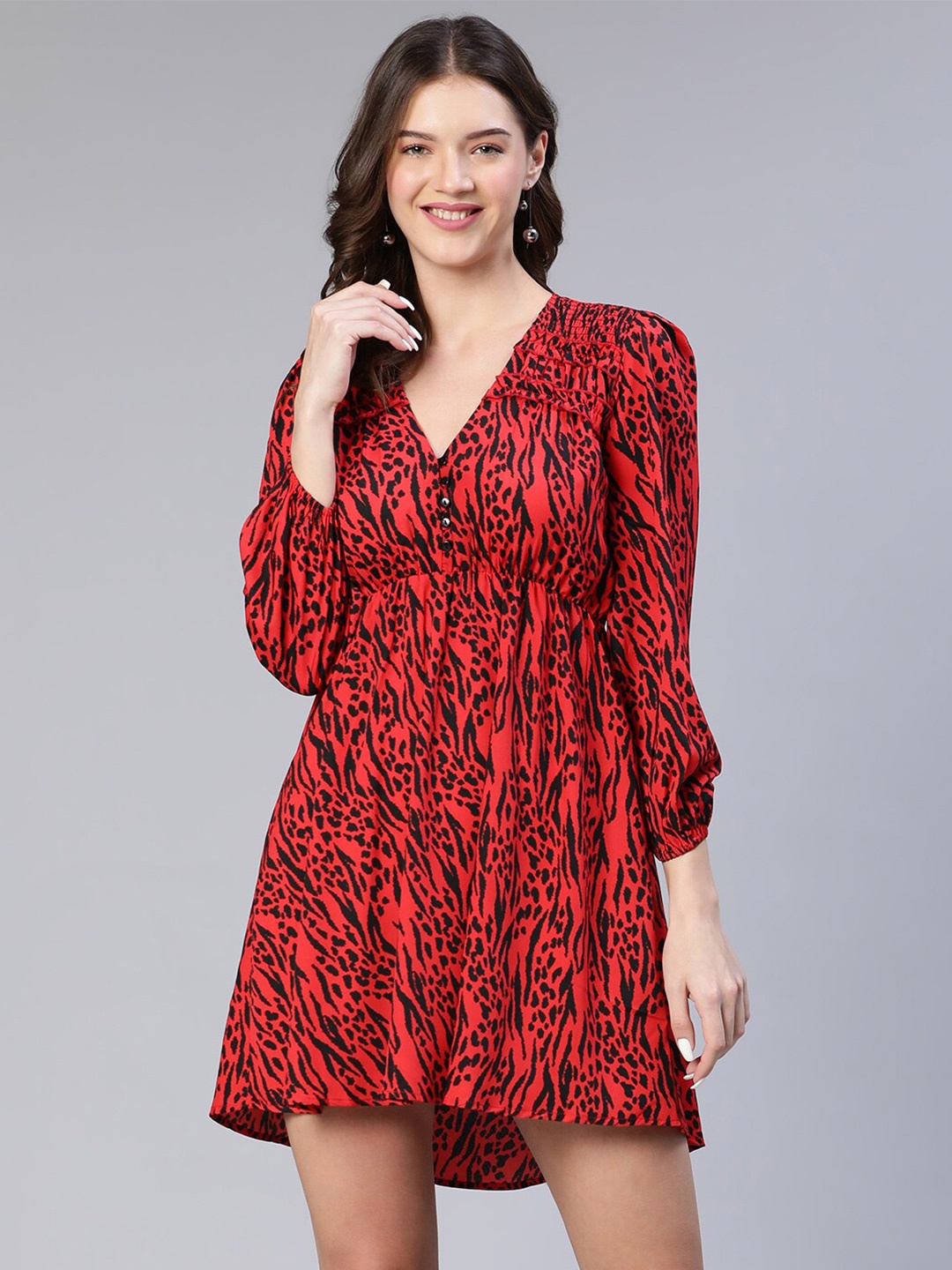 

Oxolloxo Red Abstract Printed Fit & Flare Dress